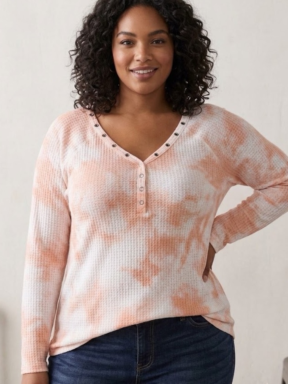 Torrid Women Long Sleeve Waffle Knit Henley Top 1X Tie Dye Lounge Casual V Neck